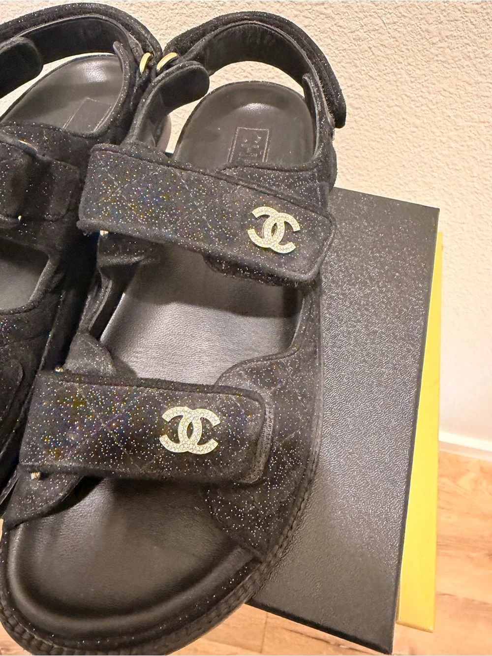 CHANEL Suede Kidskin Glitter Crystal Velcro Dad Sandals 39 Black Silver